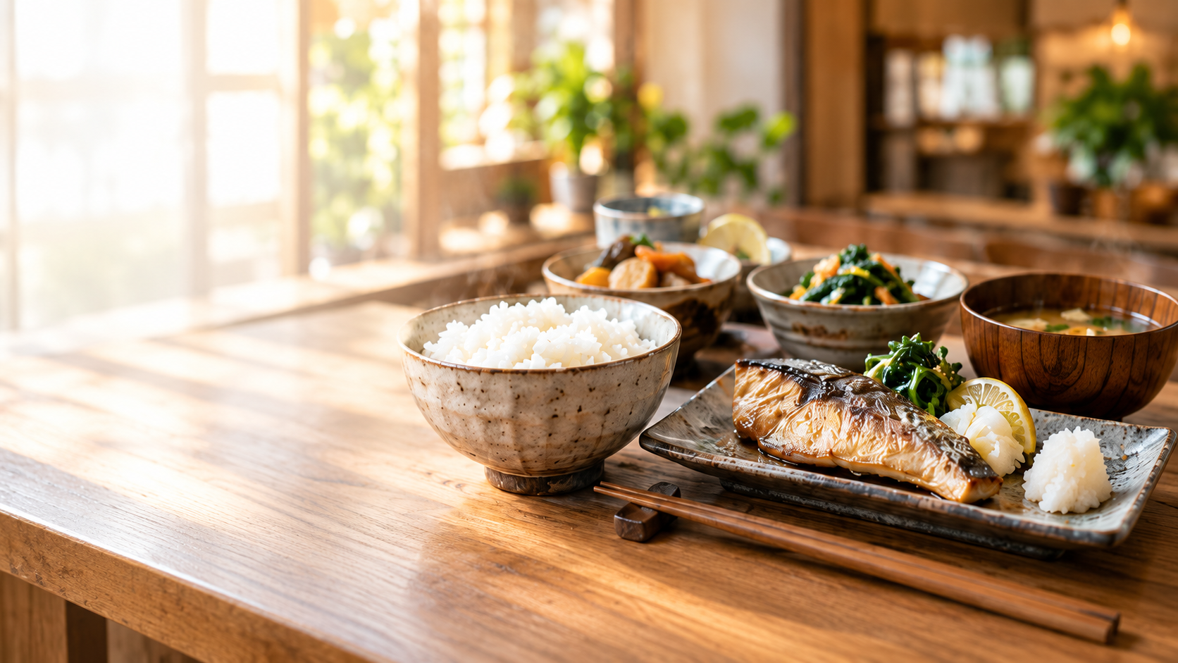 焼き魚、炊きたてご飯、味噌汁、季節の小鉢が並ぶ定食
